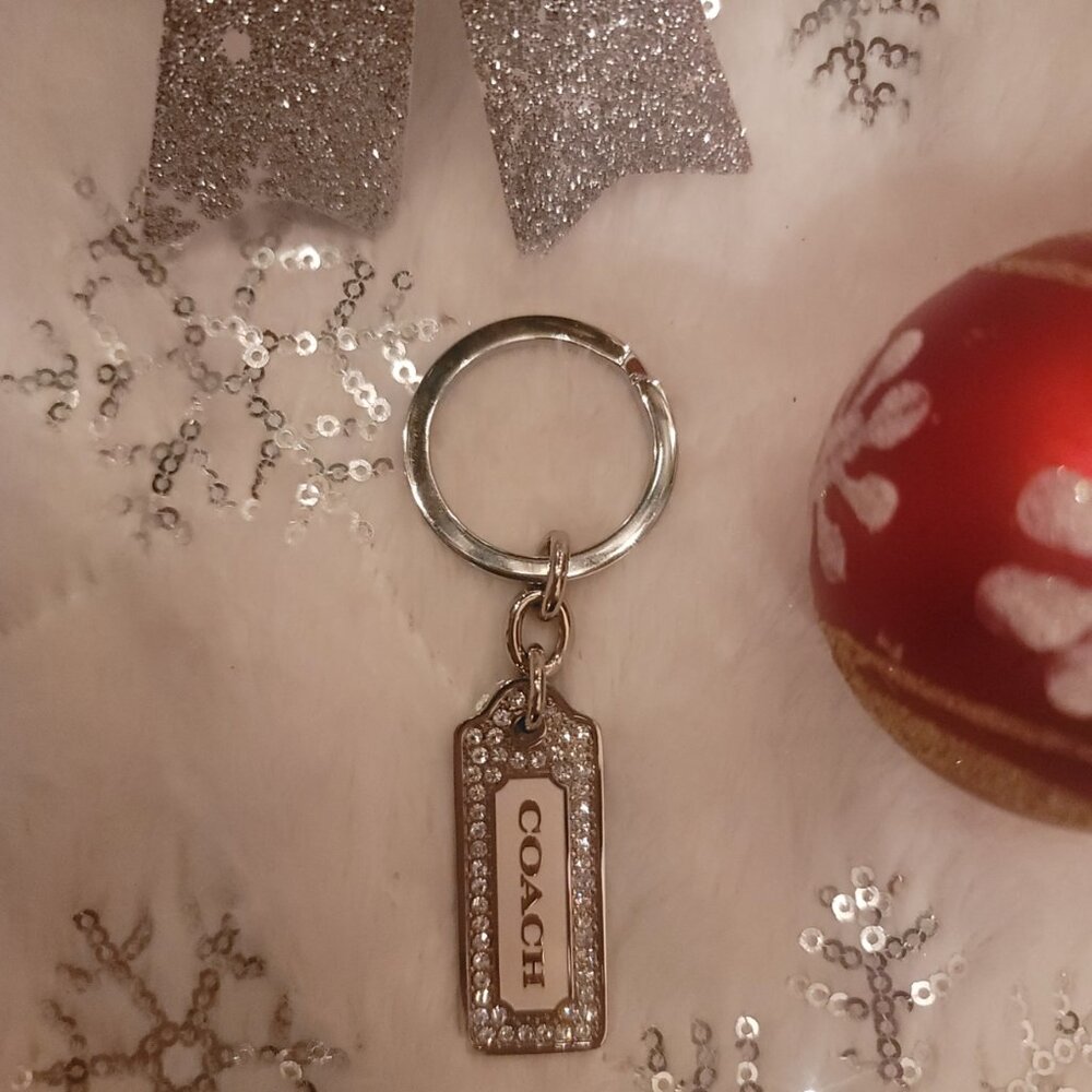 Coach Silver Rectangular Logo Key Ring with Rhinestone Border - Picture 3 of 15